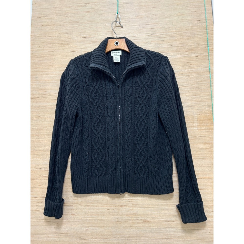 St Johns Bay Petite Large Black Cable Knit Full Zip Cardigan Sweater Mock Neck